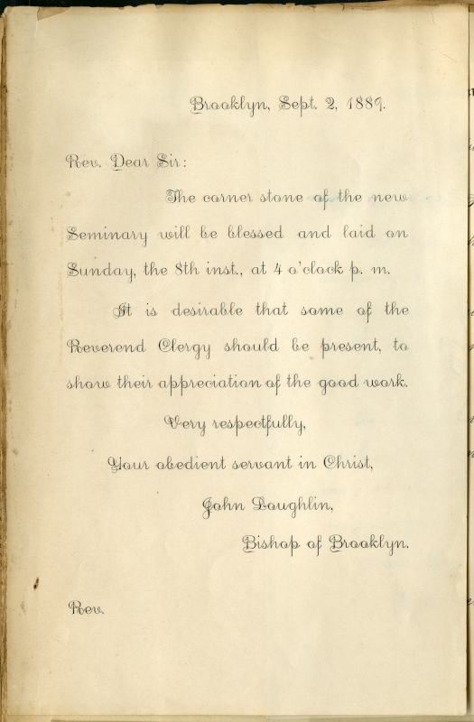 Invitation to the laying of the cornerstone of the St. John’s Seminary, 1899