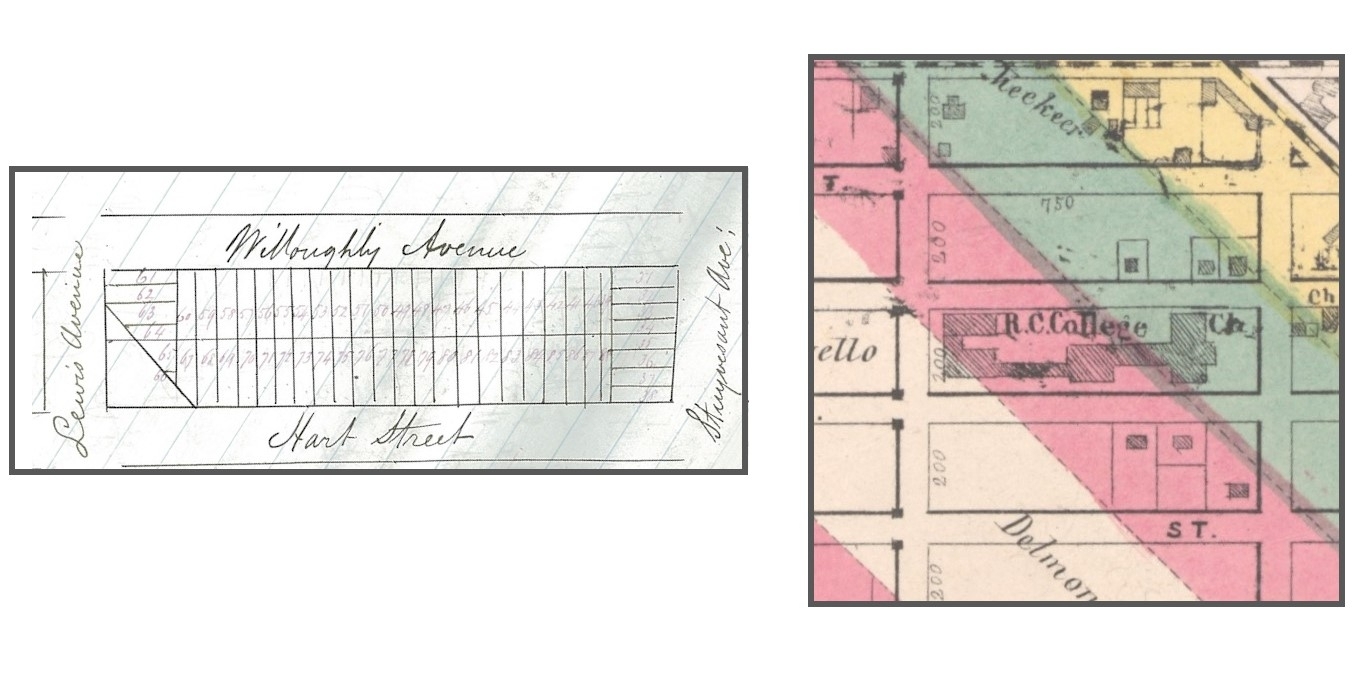 two maps of the former farmland of the Lewis Avenue campus in Brooklyn