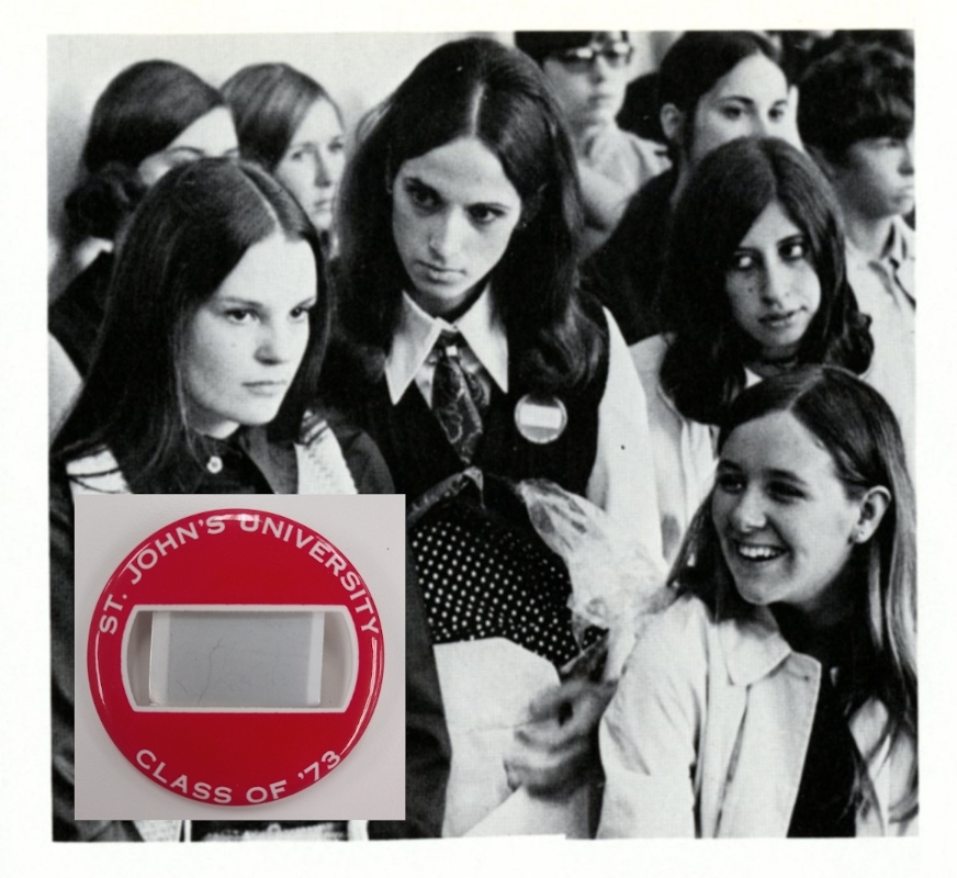 These students are wearing red pins that read, "St. John's University Class of '73" during their freshman orientation in Fall 1969.