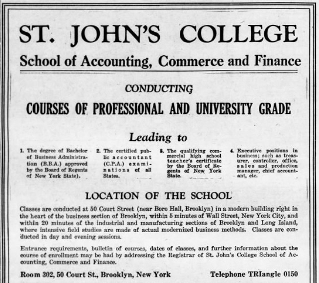 Advertisement for the School of Commerce in the Brooklyn Daily Eagle, Aug 25, 1927.