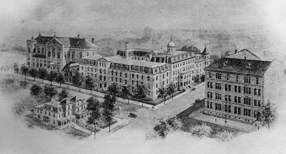 A black and white sketch of the Lewis Avenue campus