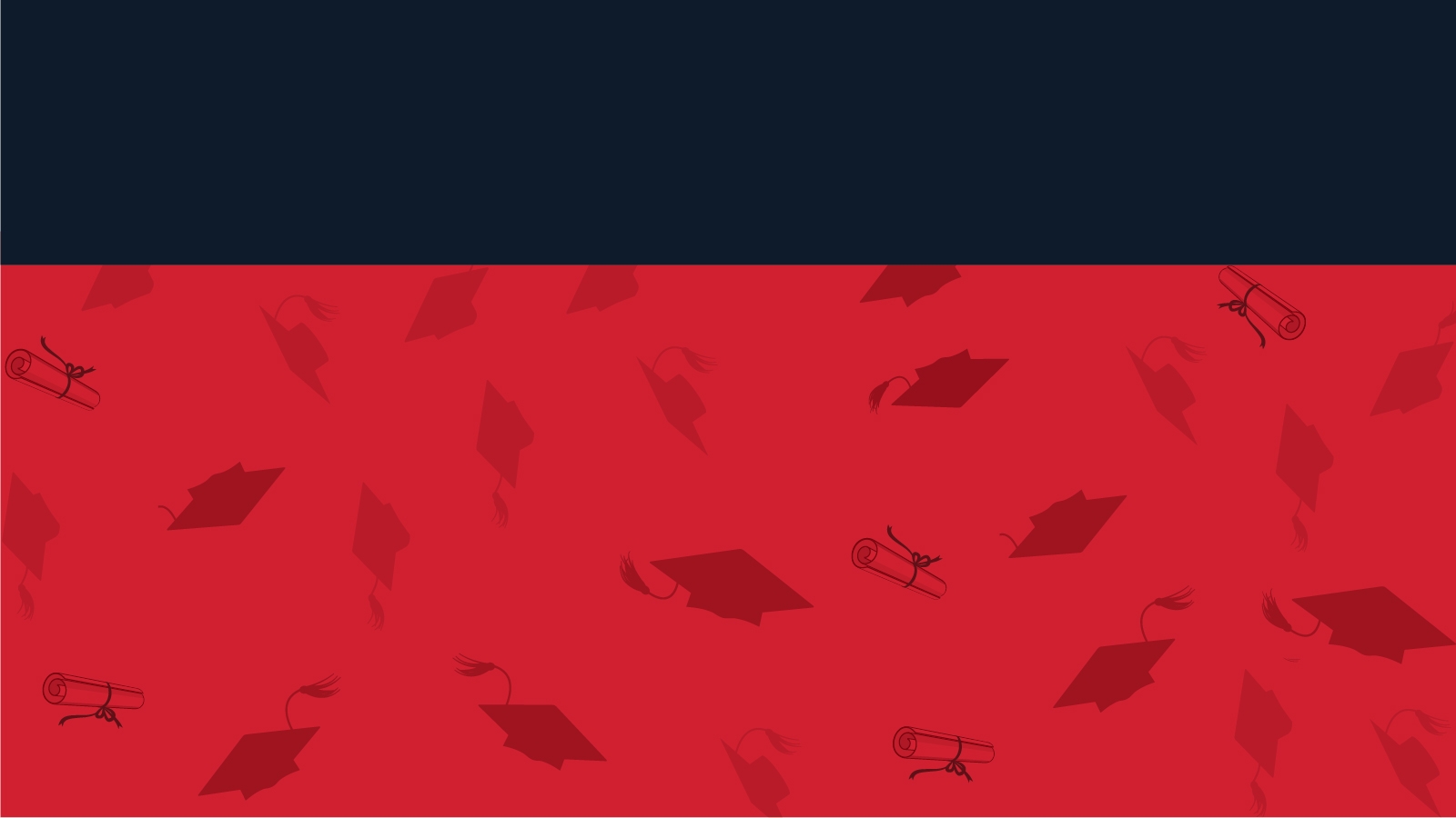 Blue bar across the top.  Red background with grayed scrolls and commencement hats