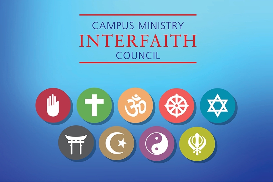 Campus Ministry Interfaith Council Logo featuring 9 faith icons including a cross, star, crest with star, ying yang.
