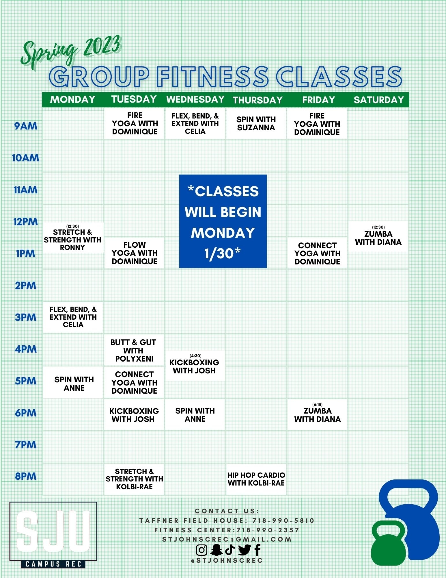A grid showing the fitness class schedule for Spring 2023