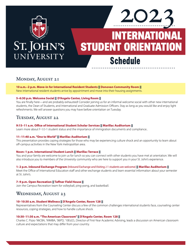 2023 International Student Orientation Schedule