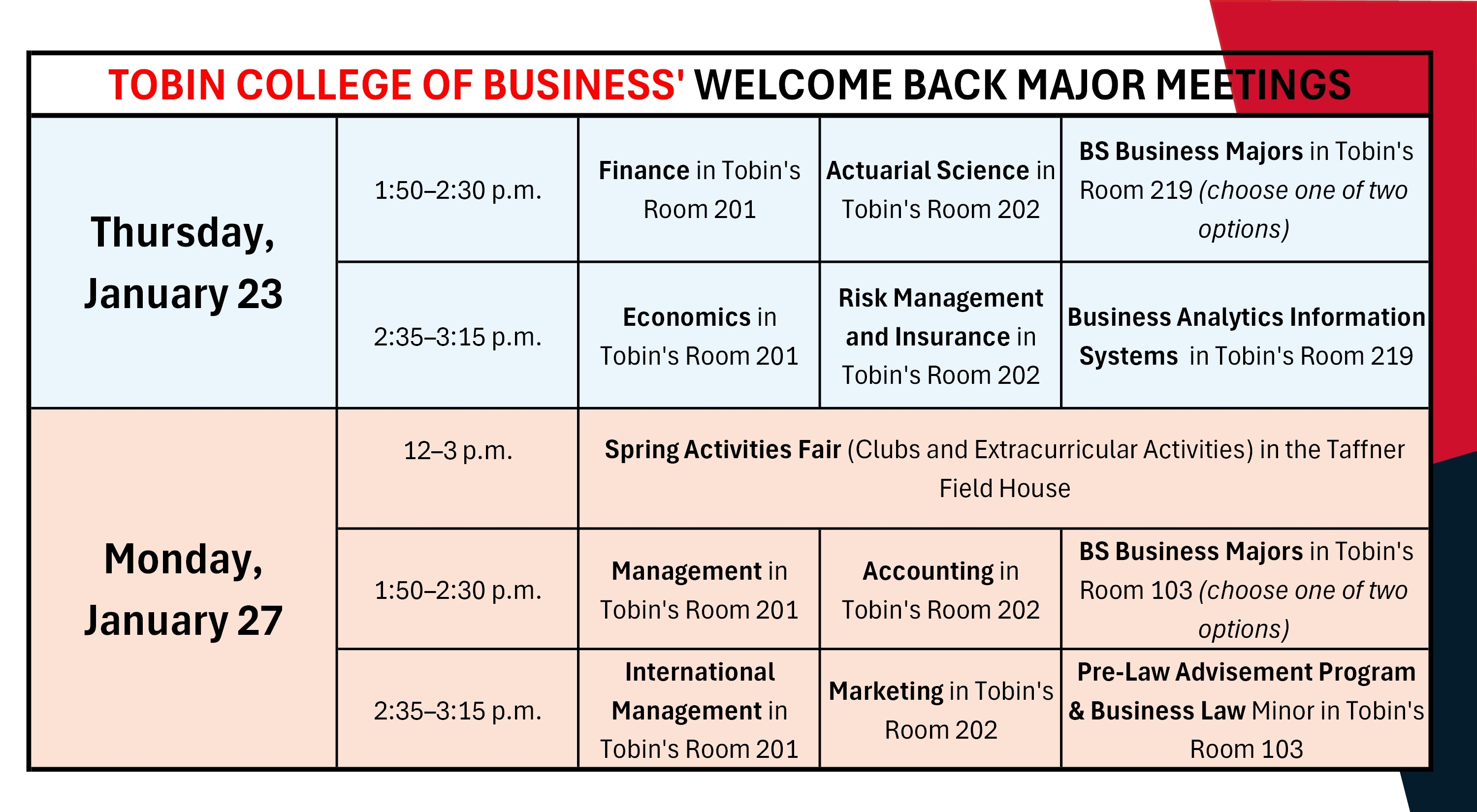 Schedule for Welcome Back Major Meetings
