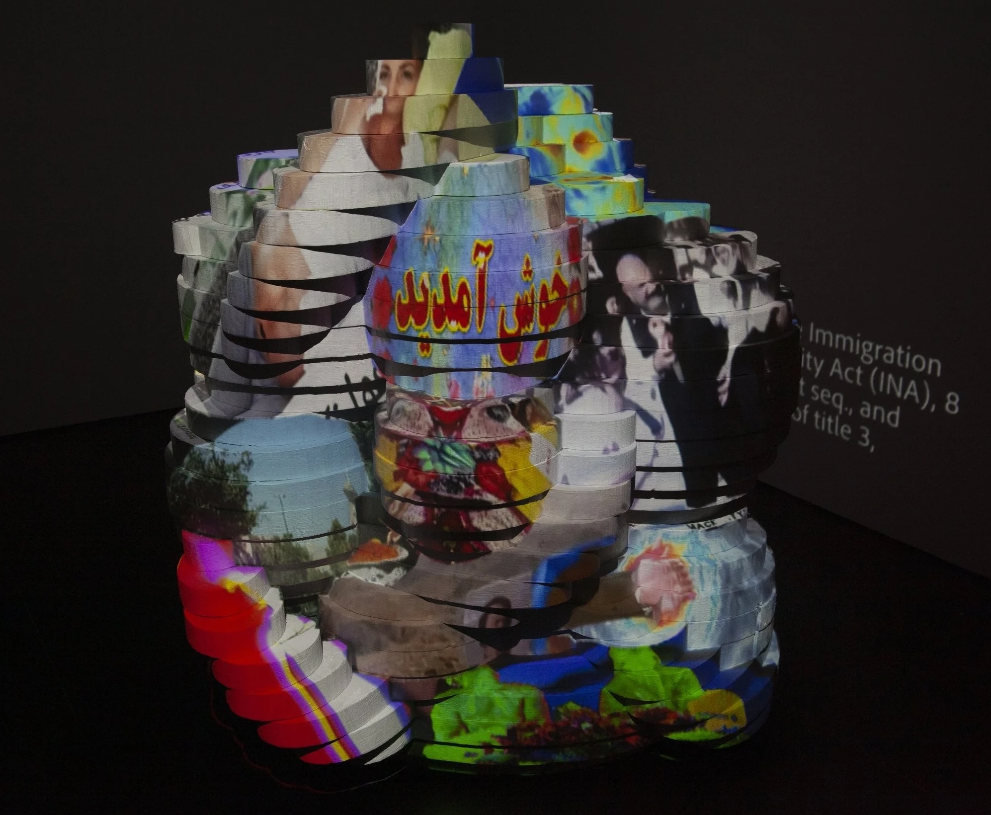 Image: Bahareh Khoshooee, #EverchangingFacade, 2020, 360-degree video projection mapping upon foam structure, 5 × 5 x 5 ft. Installation view at Latinx Project, NYU, 2020.